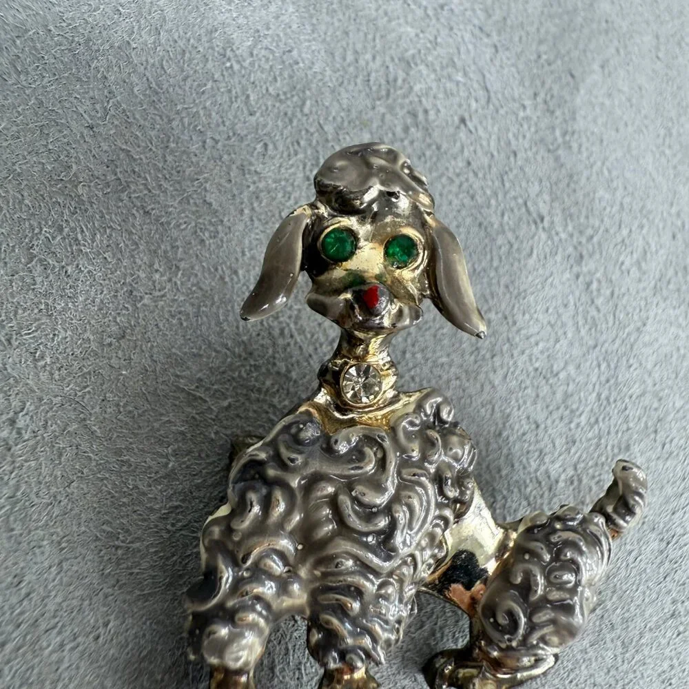 Vintage 50s Silver Tone Poodle Brooch w/ Enamel & Green Rhinestone Eyes